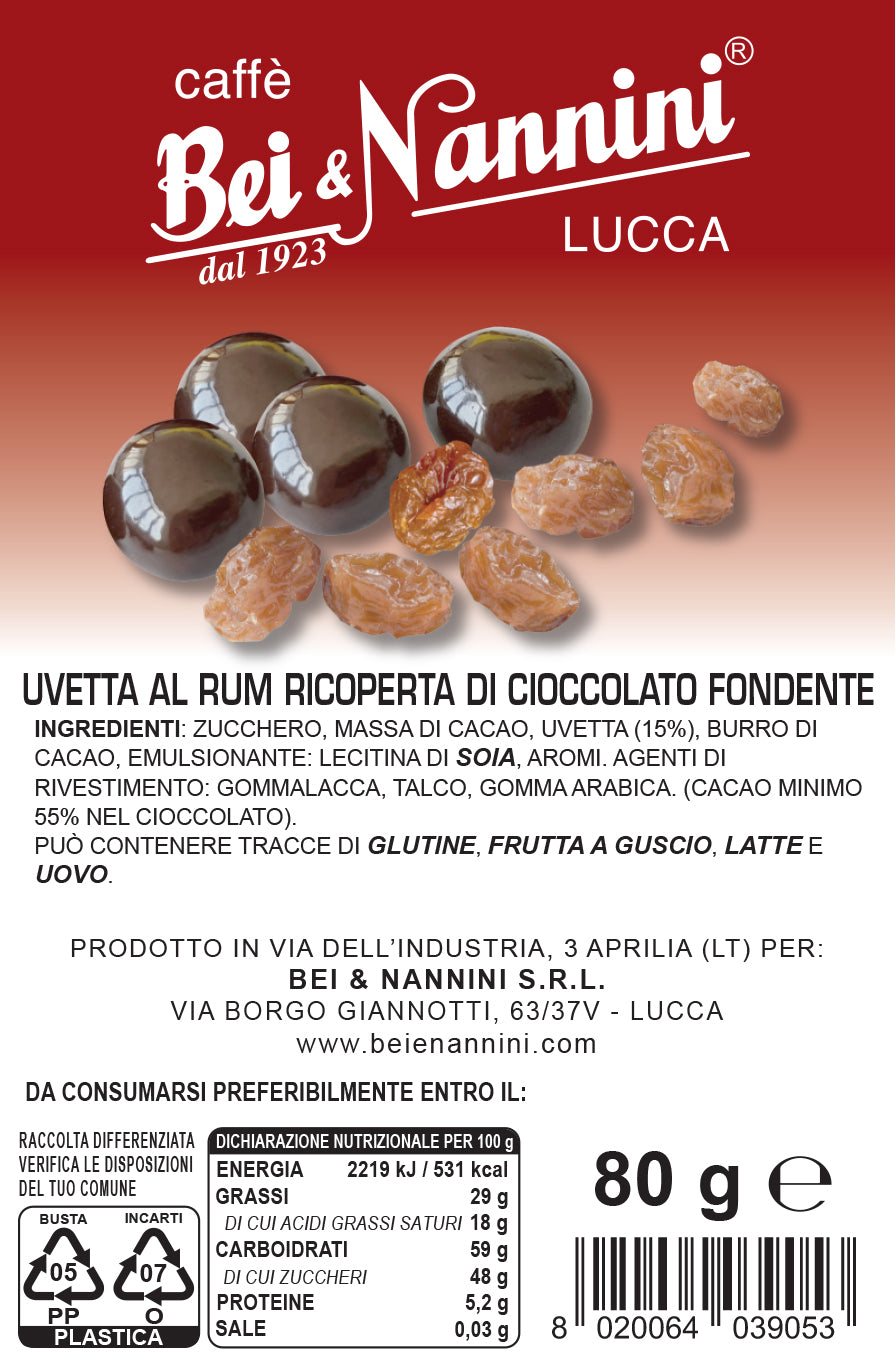Bolero Bei & Nannini - Uvetta al rum ricoperta di cioccolato fondente confezionata singolarmente 80 g.