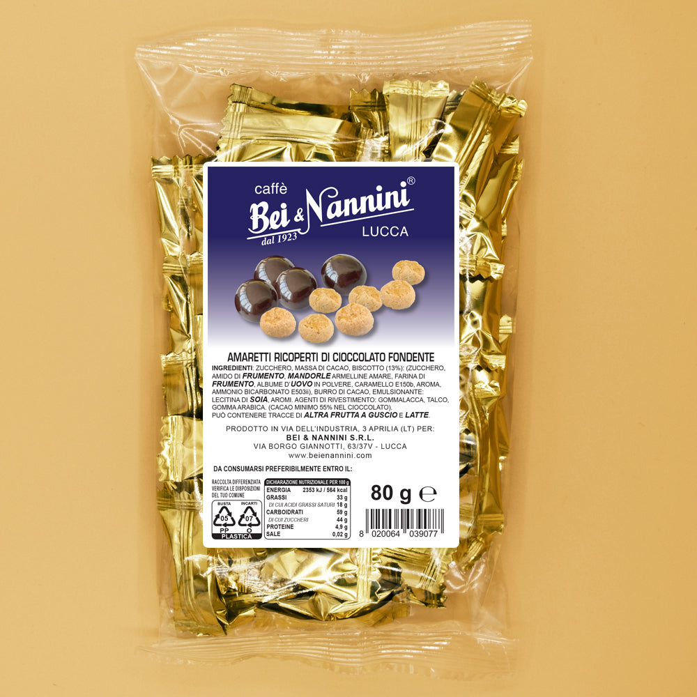 Amaretto Bei & Nannini - Amaretti ricoperti di cioccolato fondente confezionata singolarmente 80 g.