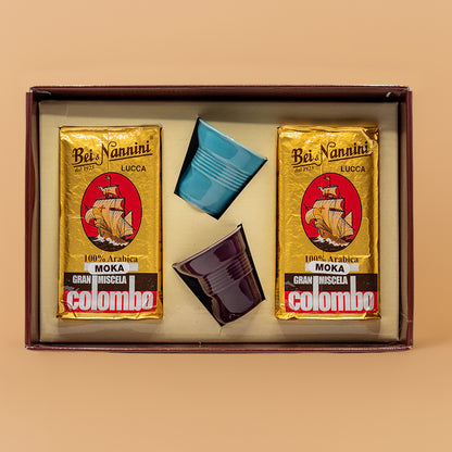 Caffè Gran Miscela Colombo® - Coffret Moka moulu ou Bar moulu + 2 verres à flan