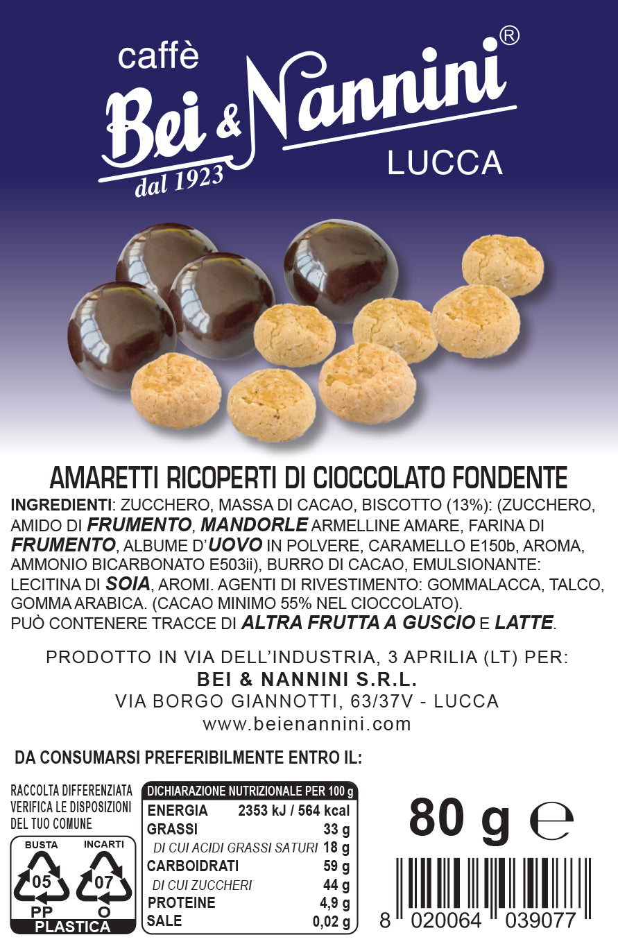 Amaretto Bei & Nannini - Amaretti ricoperti di cioccolato fondente confezionata singolarmente 80 g.