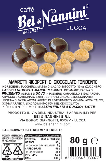 Amaretto Bei & Nannini - Amaretti ricoperti di cioccolato fondente confezionata singolarmente 80 g.